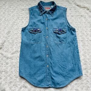 Andrew's Jeans Womens Cotton Denim Embellished Glitter Sleeveless Button Top M